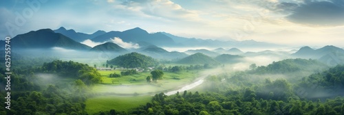 Panoramic jungle landscape with mountains and mist. Rainforest aerial view. Beautiful fog in the morning.