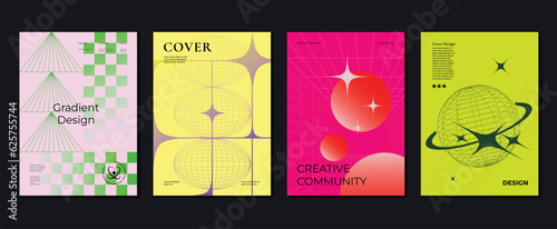 Modern y2k design background cover. Abstract gradient graphic with sparkles, pixel, wireframe. Aesthetic business cards collection illustration for flyer, brochure, invitation, social media, poster.