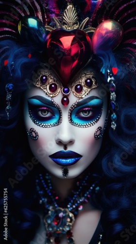 Day of the Dead. Dios de los muertos. Costume clown makeup. Masquerade model. Dark beauty.