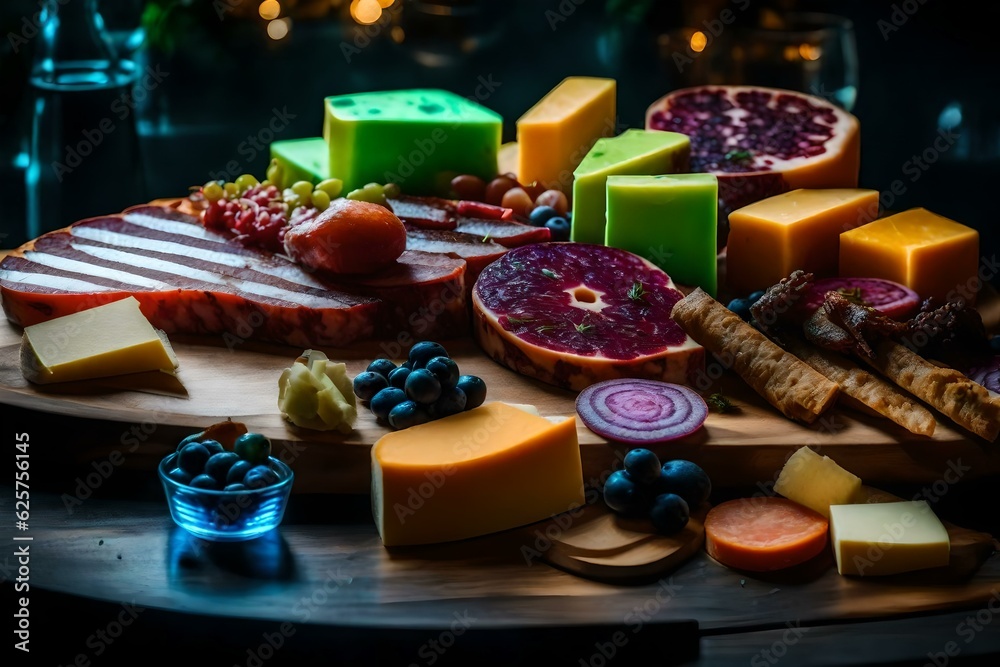 charcuterie board with multicolored alien cheeses, with glowing mold and fungus. generated by AI tools