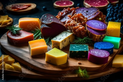charcuterie board with multicolored alien cheeses, with glowing mold and fungus. generated by AI tools ©  ALLAH LOVE