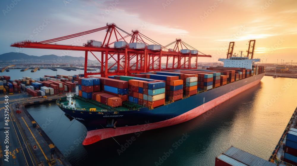 Aerial side view of cargo ship carrying container and running for export goods from cargo yard port to custom ocean concept technology transportation , customs clearance - obrazy, fototapety, plakaty 