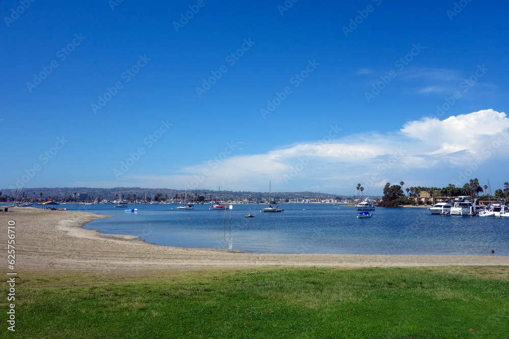 Boats and yachts anchored in Santa Barbara Cove at Mission Bay, San Diego, California