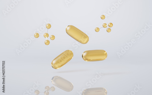 Golden fish oil capsule, 3d rendering.