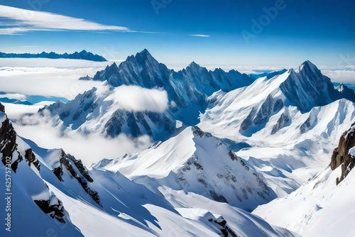 A majestic view of snow-covered mountain peaks rising above the clouds. The stark contrast between the white snow, blue sky, and rugged terrain creates a striking backdrop. generated by AI tools © ALLAH KING OF WORLD