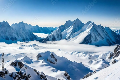 A majestic view of snow-covered mountain peaks rising above the clouds. The stark contrast between the white snow, blue sky, and rugged terrain creates a striking backdrop. generated by AI tools