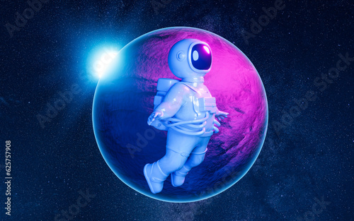 Cartoon spaceman with outer space background, 3d rendering.