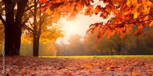 Beautiful autumn landscape with. Colorful foliage in the park. Falling leaves natural background. AI generative