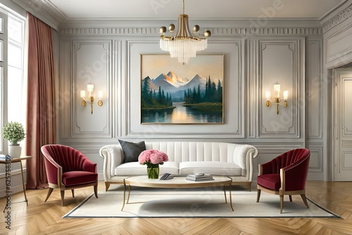 Elegant modern classic luxury living room with brown and white velvet sofa, armchair, marble coffee table, rose in gold vase, plant,floor lamp,wood cabinet,wall moulding decorated and stool 3d render photo