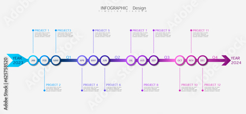 12 month calendar design concept, modern timeline, infographic template for business.Can be used for presentations, flowcharts, diagrams, signs. Vector illustration.