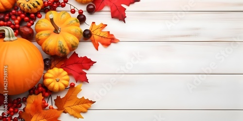 Festive autumn decor from pumpkins  berries and leaves on a white wooden background. Flat layout autumn composition with copy space  AI Generative