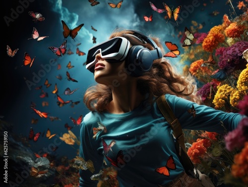 A woman wearing VR headset user, surreal world and virtual reality, colorful flowers fields and swarm of butterflies. Generative AI © itchaznong