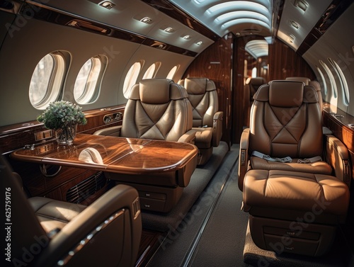 A business jet sits with tables and other seating in the style of dark beige and brown, and sunlight shines through the window. Generative AI