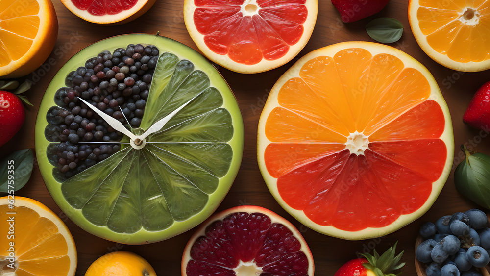 Fototapeta premium fruits clock health concept IA