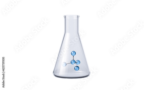 Chemical glassware and molecule, 3d rendering.