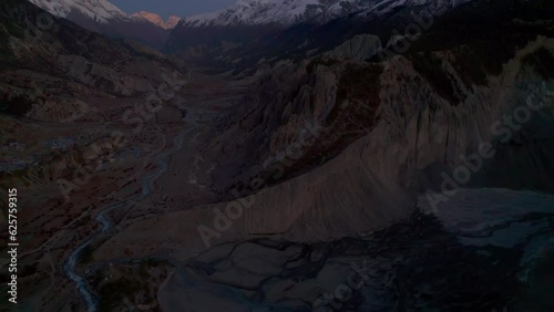 Aerial birds eye view valley with river stream and traditional manang village houses. Mamang district. Tilicho base camp trail. Himalayas mountains and trekking concept. photo