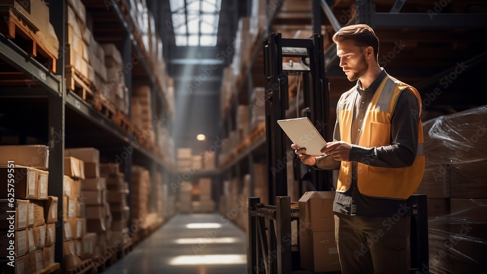 Logistics worker reading a clipboard. AI generated Logistics worker reading a clipboard. AI generated