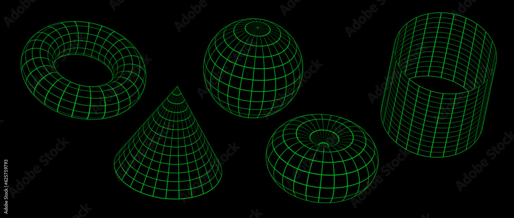 Fototapeta premium Green neon wireframe shapes collection. 3d outline sphere, cylinder, cone and torus. Geometric elements for design templates, icons, logo. Abstract lattice objects with connected lines. Vector pack