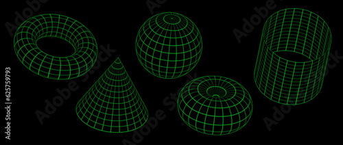 Green neon wireframe shapes collection. 3d outline sphere, cylinder, cone and torus. Geometric elements for design templates, icons, logo. Abstract lattice objects with connected lines. Vector pack
