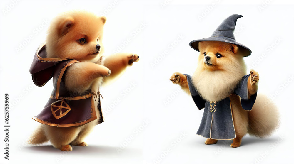 A Pomeranian puppy Wizard illustration set of 2 poses isolated on white background A Pomeranian puppy Wizard illustration set of 2 poses isolated on white background