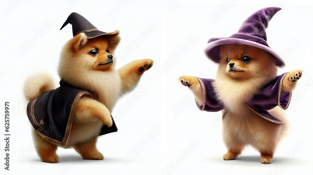 A Pomeranian puppy Wizard illustration set of 2 poses isolated on white background A Pomeranian puppy Wizard illustration set of 2 poses isolated on white background