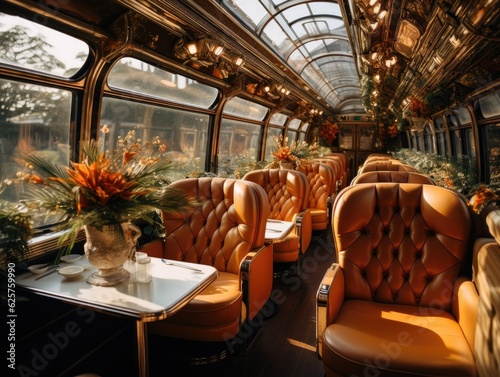 Train interior of cabin with chairs and tables, soft and dreamy atmosphere, light brown and gold, luxurious opulence. Generative AI © itchaznong