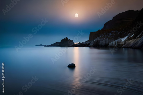 Cold view at the night on sea shore. Moon light reflection on calm sea water 