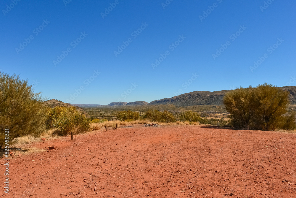 Panoramic view of Kata Tjuta / Mount Olga area and the Western Desert.