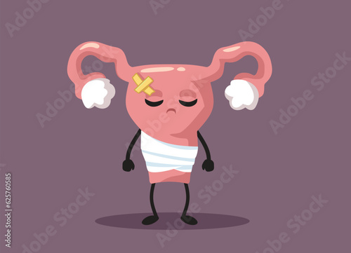 Sad Unhappy Uterus Recovering from Illnesses Vector Illustration. Suffering after hysterectomy medical concept drawing 
