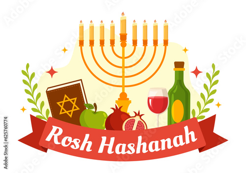 Happy Rosh Hashanah Vector Illustration of Jewish New Year Holiday with Apple, Pomegranate, Honey and Bee in Flat Cartoon Hand Drawn Templates