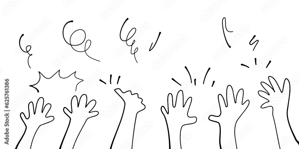 Hand drawn of hands clapping ovation. applause. doodle hands up. isolated on white background. vector illustration