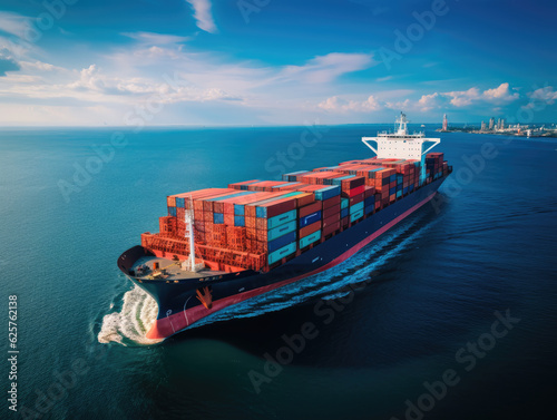 Aerial side view of cargo ship carrying container and running for export goods from cargo yard port to custom ocean concept technology transportation , customs clearance
