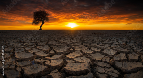 cracked earth on the ground with tree in sunset