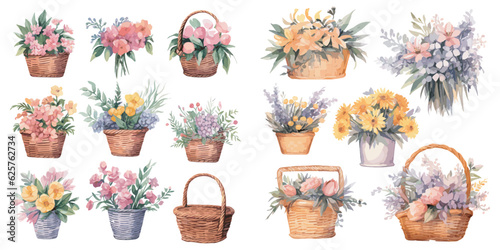 Watercolor flower basket clipart for graphic resources