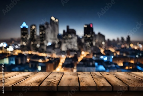 Wooden Table Product Display Blurred Sky Night City Generative AI