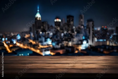 Wooden Table Product Display Blurred Sky Night City Generative AI