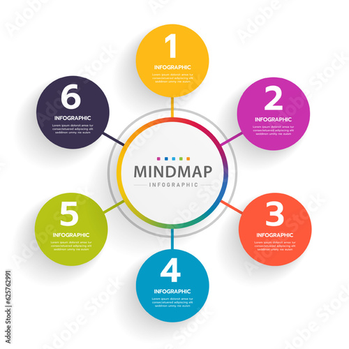 Infographic template for business. 6 Steps Modern Mindmap diagram with circle topics, presentation vector infographic.