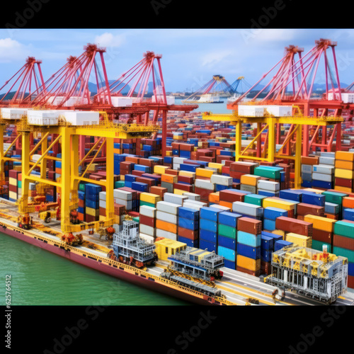Container ship at industrial port in import export business logistic and transportation of international by container ship in the sea, Generative AI