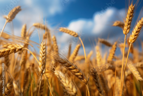 a field of ripe wheat against the blue sky, generative ai