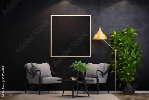 mockup poster in a modern black wall room with some,Generative AI