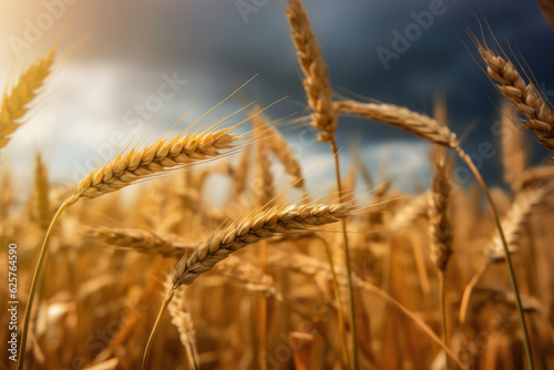 a field of ripe wheat against the blue sky, generative ai