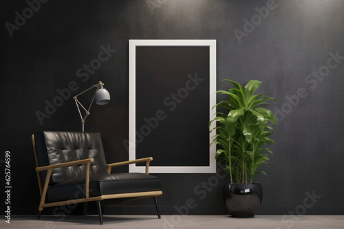 mockup poster in a modern black wall room with some,Generative AI