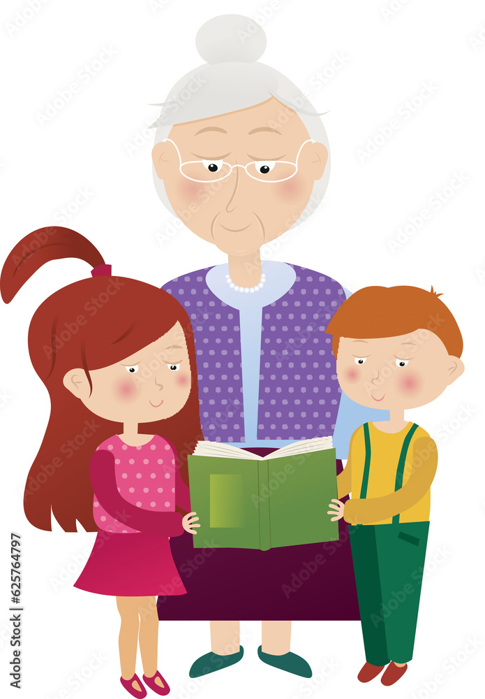 Digital png illustration of brother, sister and grandmother reading book on transparent background