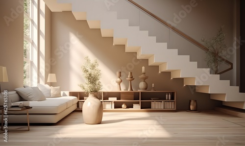 contemporary minimalistic interior design, beige color, stairs, generative ai © Lucky Ai