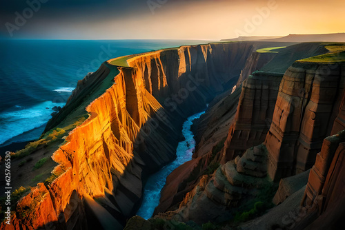 Landscape view of the high cliffs that separate the ocean and river. High land view with dangerous steep ravines