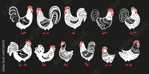 Set of laying hens and roosters, vector illustration in doodle style or line art