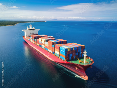 Aerial side view of cargo ship carrying container and running for export goods from cargo yard port to custom ocean concept technology transportation , customs clearance