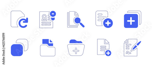 Documentation icon set. Duotone style line stroke and bold. Vector illustration. Containing file, document, add, new page, copy, add file, contract. © Huticon