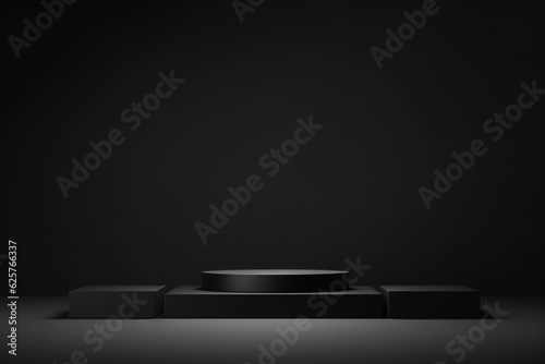 Black podium or pedestal display on dark background with long platform  Blank product shelf standing backdrop
