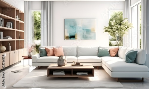 cozy modern bright light living room with sofa  generative ai